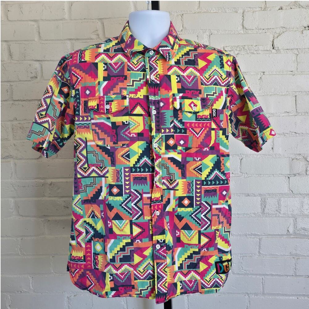 DGK Streetwear Mens Large Neon Tribal Button Down Shirt Fresh Prince 90s Retro